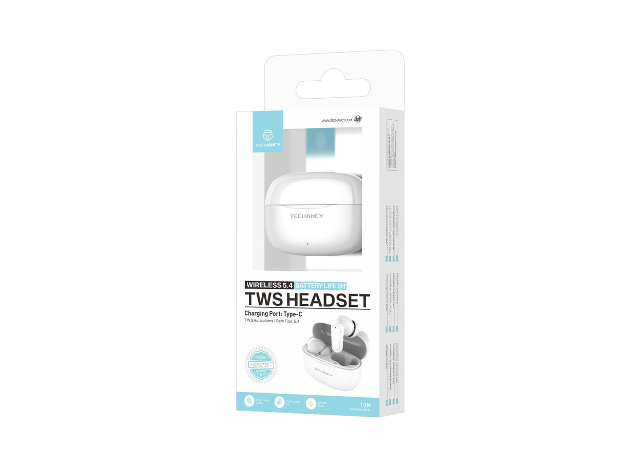Techancy Auriculares Bluetooth TWS Wireless 5.4 KP2715 Microfone HD Toque inteligente USB C para Android iPhone Branco