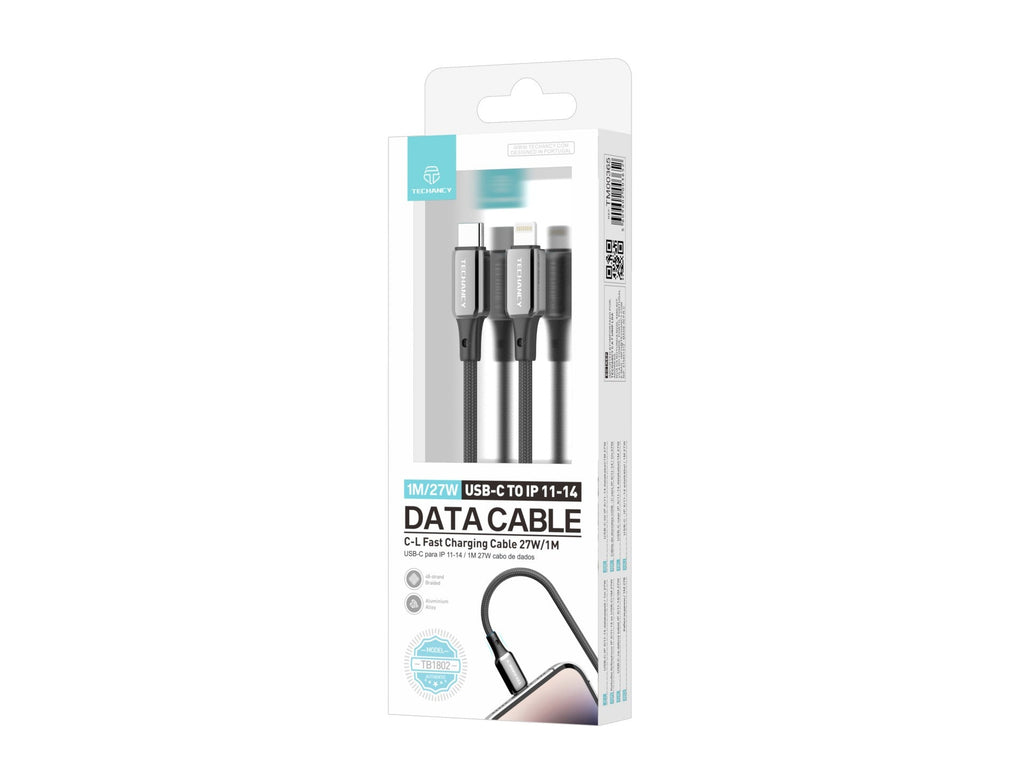 Techancy Cabo USB-C para Lightning TB1802, 27W, 1m Preto, Conector de AlumInio, Design Antiderrapante, CompatIvel com iPhone 11-14