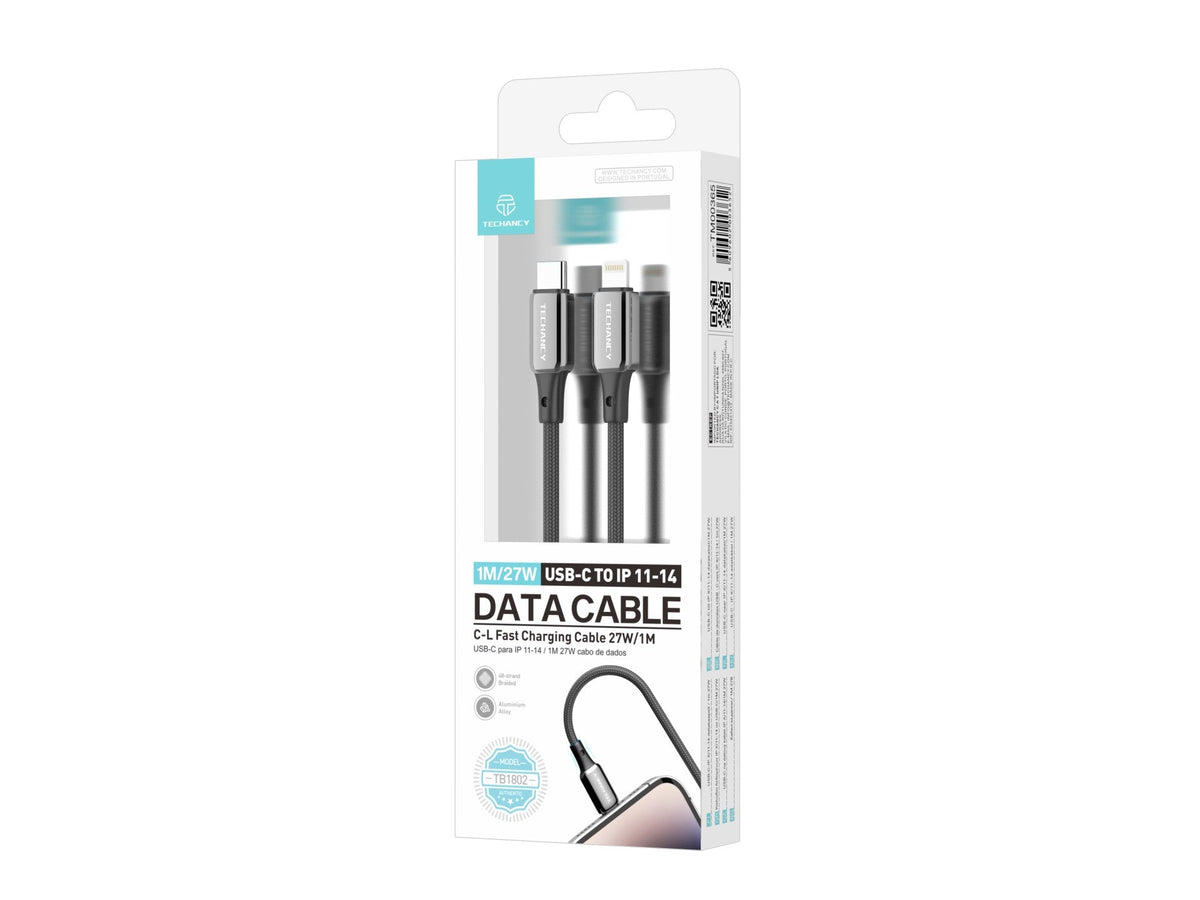 Techancy Cabo USB-C para Lightning TB1802, 27W, 1m Preto, Conector de AlumInio, Design Antiderrapante, CompatIvel com iPhone 11-14