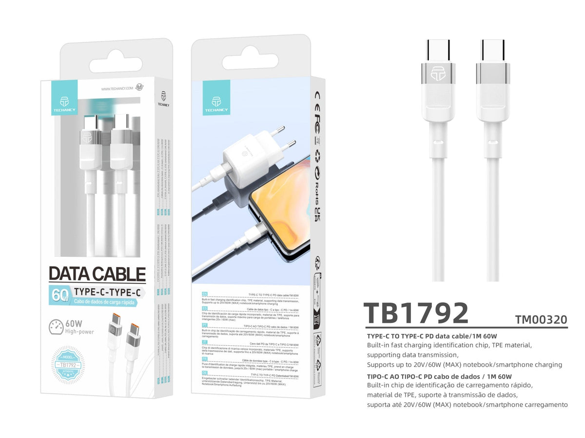 Techancy Cabo De Dados Pd 60w Branco 1m TB1792, Usb C-Usb C Suporta Carregamento Rápido E Transferência De Dados,