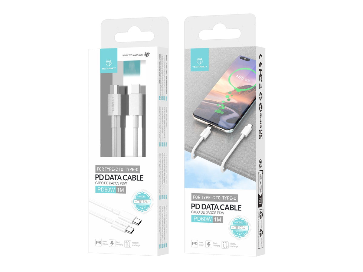 Techancy Cabo De Carregamento Rápido Usb-C Para Usb-C TB1724, 1 M Branco, Suporta Carregamento Rápido Pd De 60 W E Dados