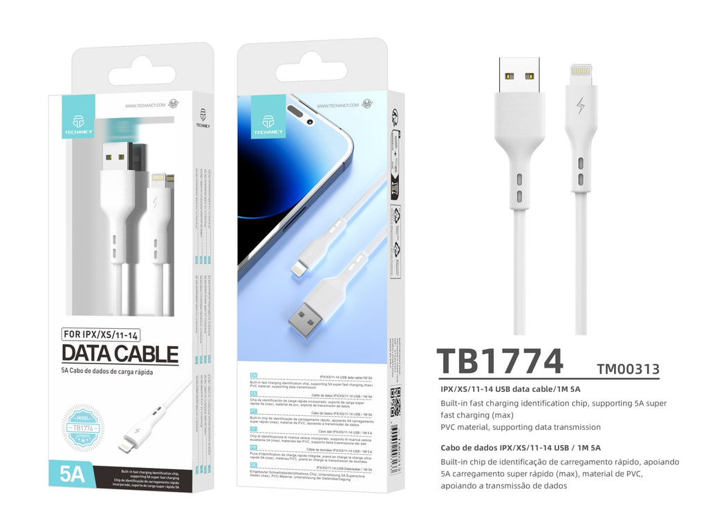 Techancy Fast Charge Cabo de Dados Usb-Lightning TB1774, 1m, 5a Super Fast Charge, Transferência De Dados, Branco