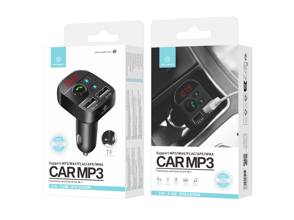 Techancy Leitor Mp3 Para Automóvel Preto TE0863, Carregamento Rápido De 3,1 A, Ligação Fm+Bluetooth, Entrada 12-24 V