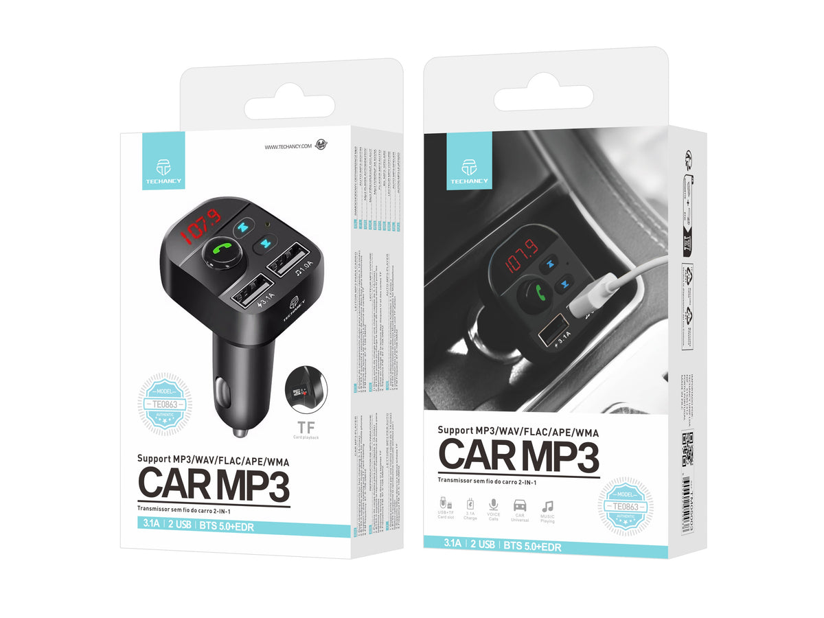Techancy Leitor Mp3 Para Automóvel Preto TE0863, Carregamento Rápido De 3,1 A, Ligação Fm+Bluetooth, Entrada 12-24 V