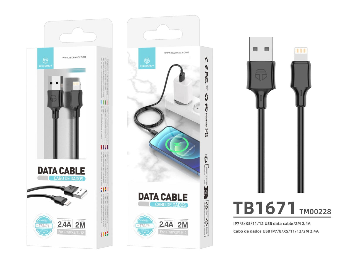 Techancy Cabo De Dados Techancy Usb- Lightning Preto TB1671, 2 Metros De Distância, Carregamento 2.4a, Compatível Com Iphone/Ipad