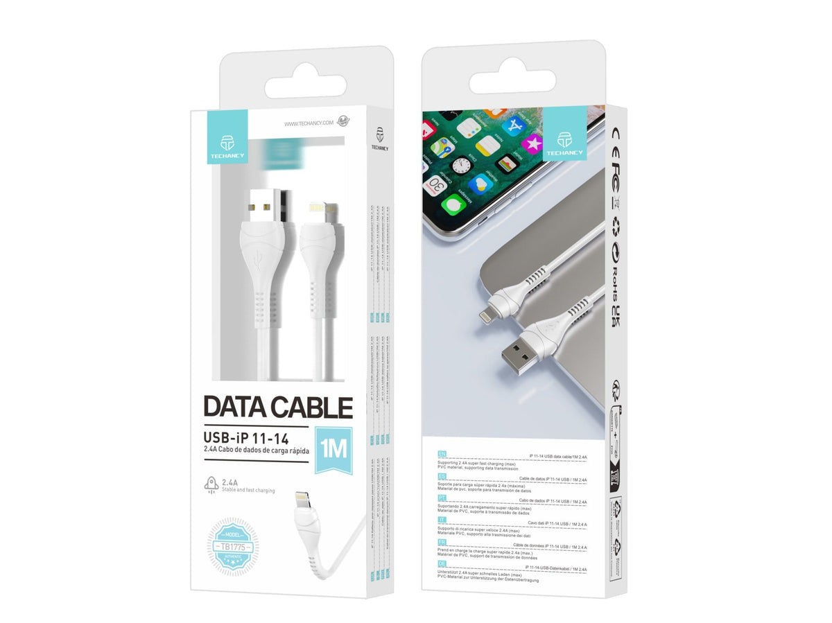 Techancy Cabo Usb-Lightning Branco 1m  TB1775,Carregamento Rápido 2.4a, Suporta Transmissão De Dados, Material Pvc
