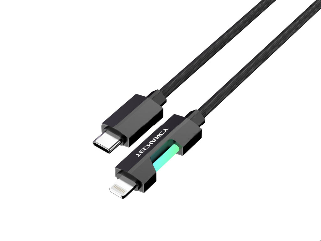 Techancy Cabo Usb-C Para Lightning TB1797, 1 Metro/30 Watts, Luzes Rgb, Trançado Em Alumínio, Compatível Com Iphone 11-14 Preto