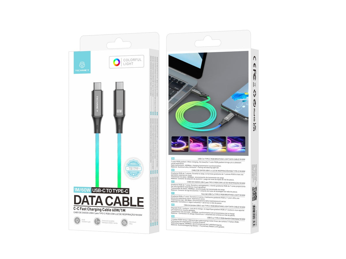 Techancy Cabo De Dados De 1m TB1799, Usb-C Para Usb-C, Efeitos De Iluminação Rgb, Carregamento Rápido De 27w.