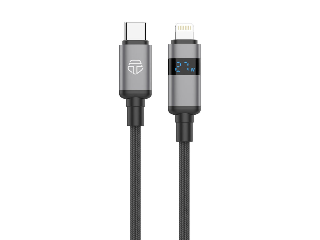 Techancy Cabo USB-C para Lightning TB1801, 27W, 1.5m Preto, Tela LED de Potência, Conector de AlumInio, Fio Trancado