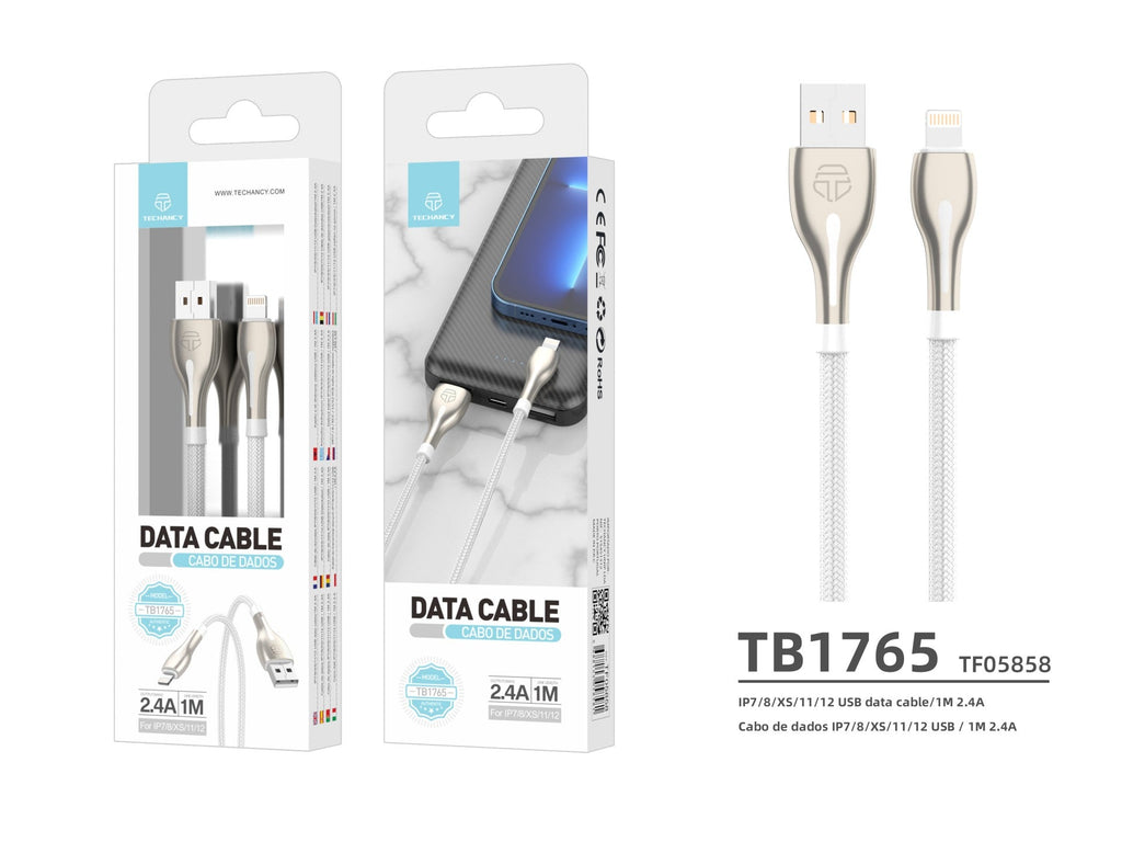 Cabo de dados USB-iP Metal da Techancy, TB1765, 1 m, 2,4 A, cinzento