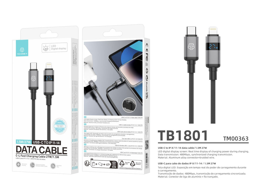 Techancy Cabo USB-C para Lightning TB1801, 27W, 1.5m Preto, Tela LED de Potência, Conector de AlumInio, Fio Trancado