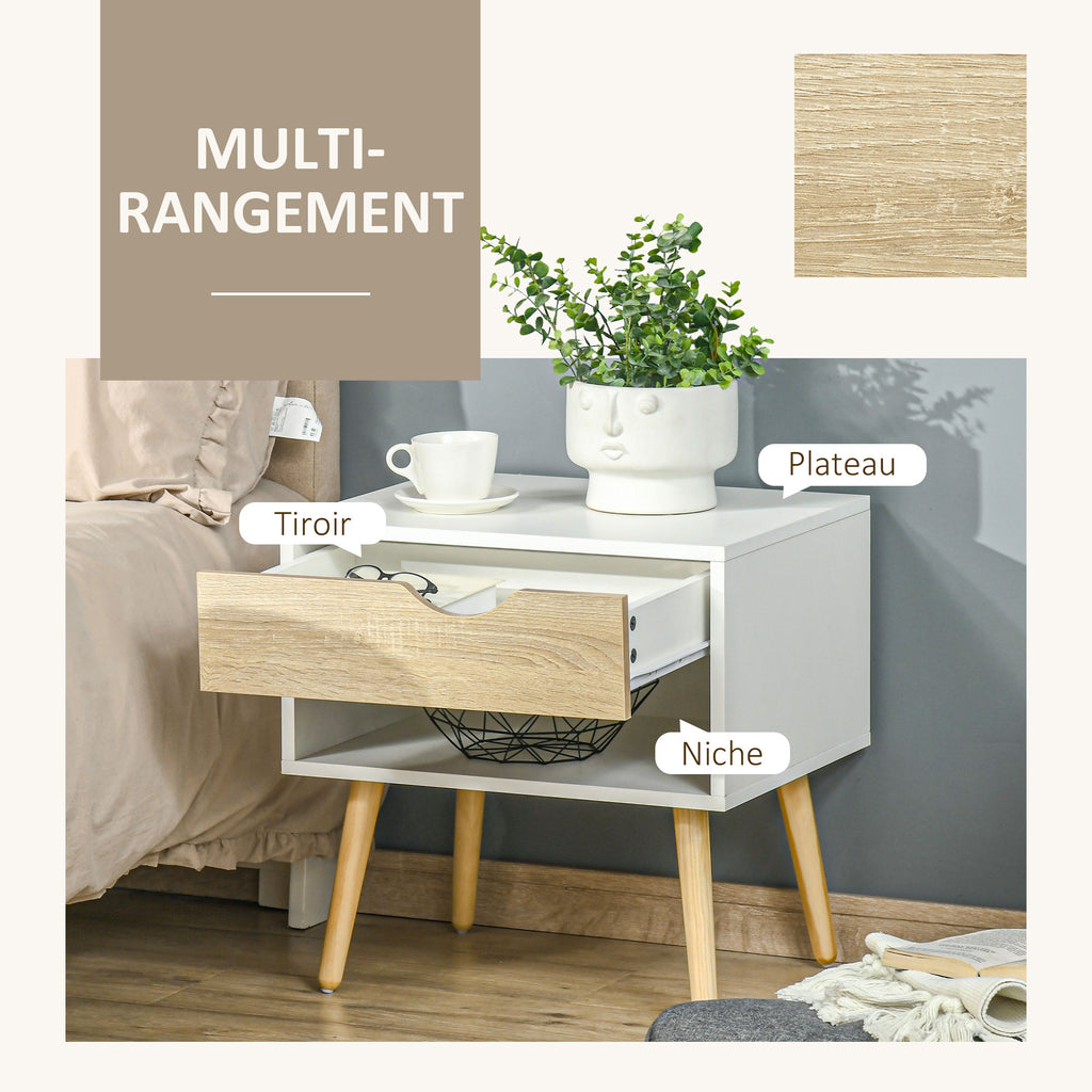 Lot de 2 Tables de Nuit tiroir Niche Design Moderne Panneau de Particules Classe E1 Pieds en Bois Massif 50 x 39 x 51 cm