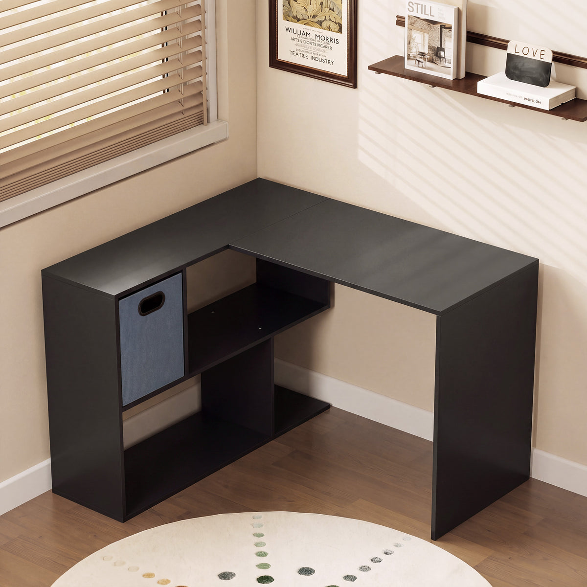 Bureau d'angle, bureau d'ordinateur avec tiroir en tissu et compartiments ouverts, 110 x 100 x 75 cm, noir