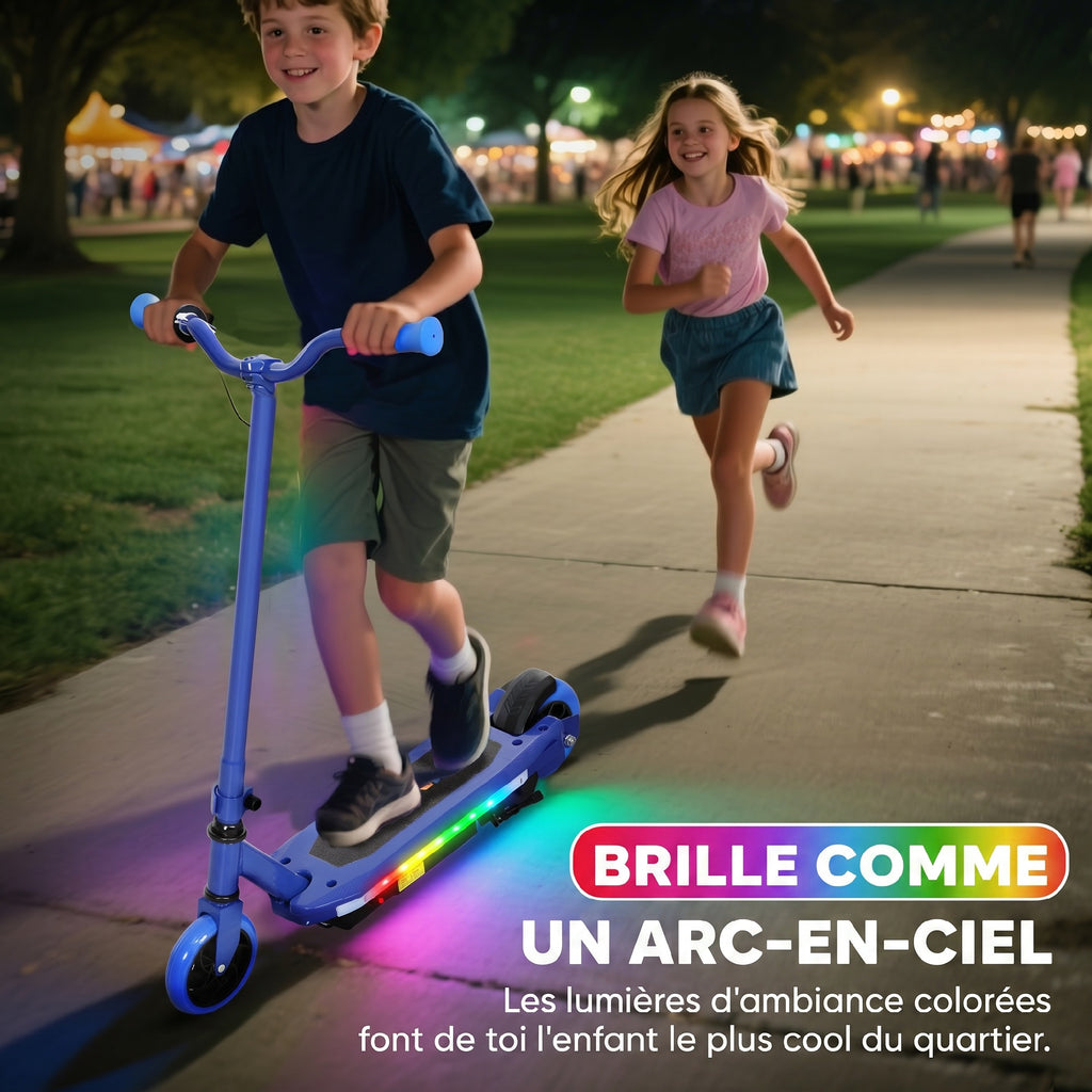 Trottinette électrique pour enfants 6-14 ans, vitesse maximale 10 km/h, lumières LED colorées, frein électrique, bleu