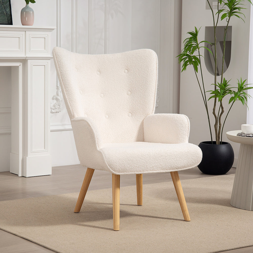 Fauteuil de salon en tissu bouclette, fauteuil capitonné et rembourré avec pieds en bois, 71 x 74 x 96 cm, beige