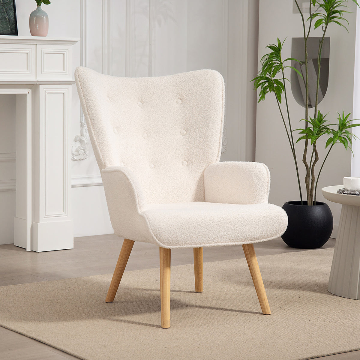 Fauteuil de salon en tissu bouclette, fauteuil capitonné et rembourré avec pieds en bois, 71 x 74 x 96 cm, beige