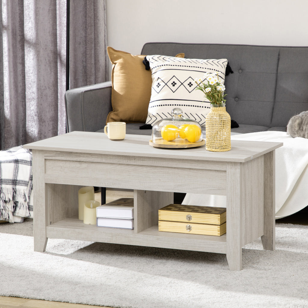 Table basse plateau relevable, table de salon avec étagères et compartiment caché,105 x 50 x 49-62,5 cm pour salon, chambre, aspect chêne clair
