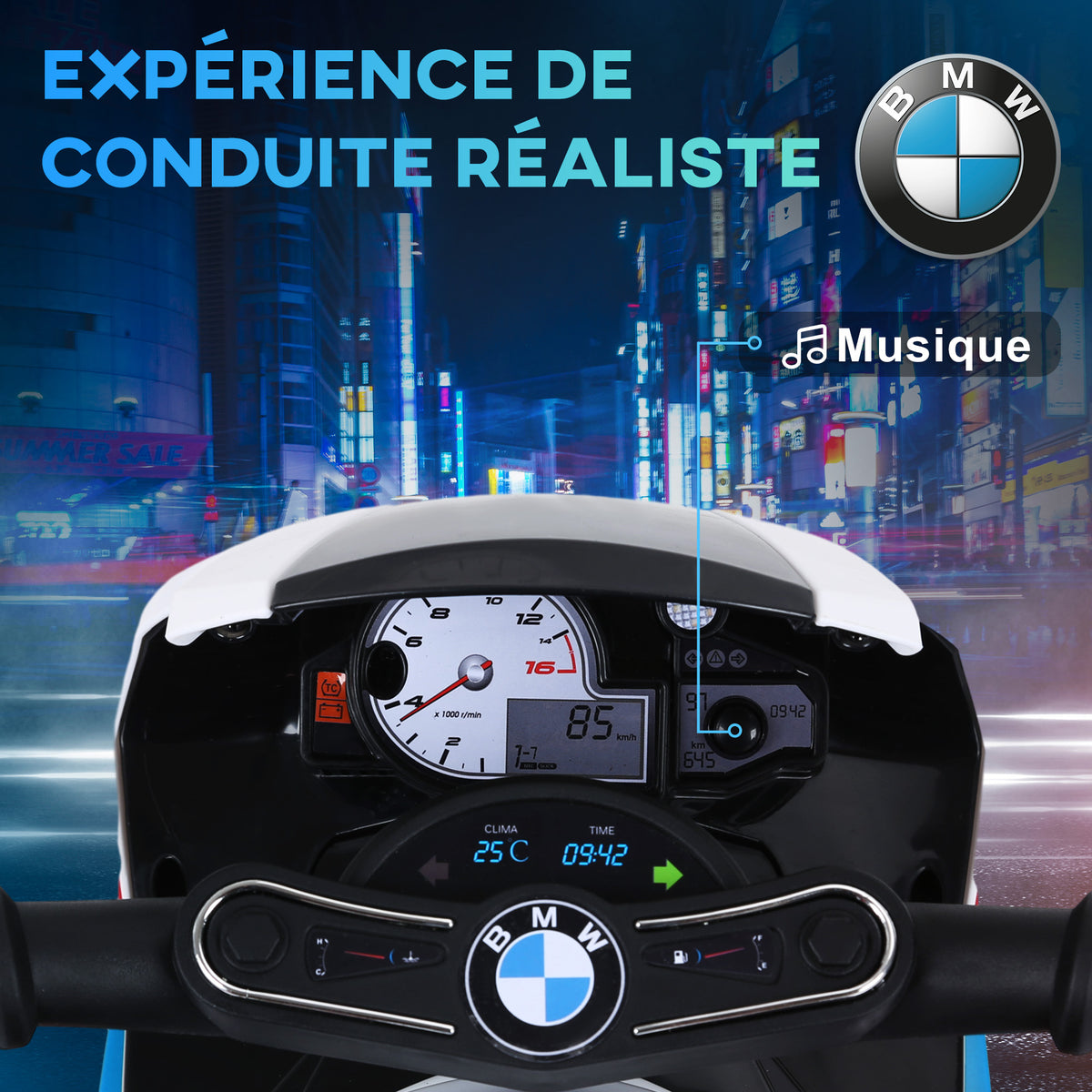 Moto électrique pour enfants 3 roues 6V 2,5 Km/h effets lumineux et sonores charge max. 20 kg BMW S1000 RR bleu