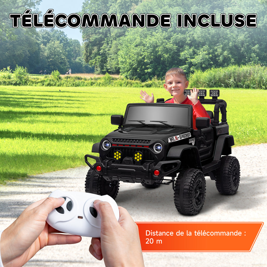 Voiture électrique enfants UTV avec télécommande 2,4G, 2 moteurs 12 V, musique, klaxon, lumières LED, 100x63x65cm, noir