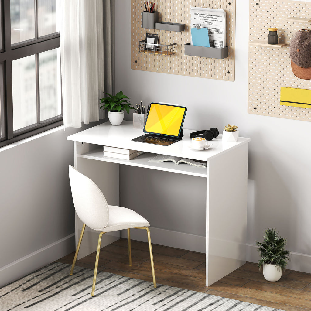 Bureau informatique sobre épuré compact avec 1 étagère, panneaux de particules, dim. 90l x 50P x 74H cm, blanc laqué