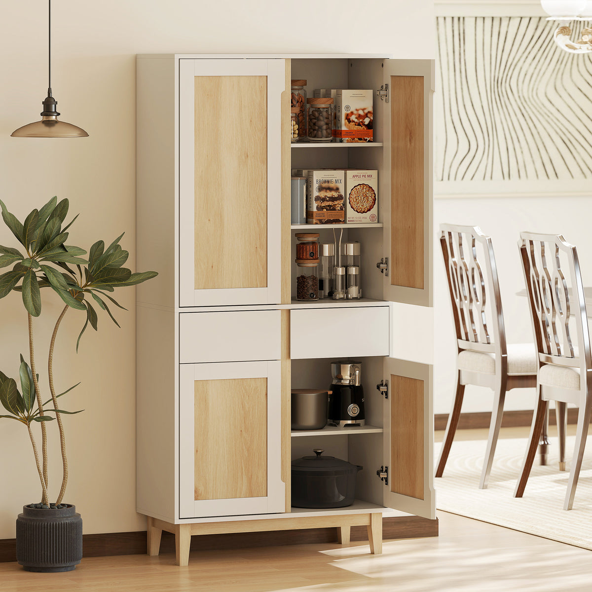 Buffet haut cuisine, armoire de cuisine avec 4 portes, 2 tiroirs et étagères réglables, 80x35x170cm, blanc et chêne