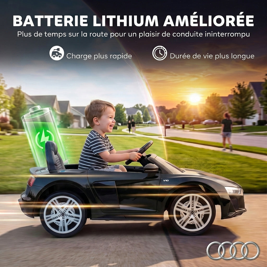 Voiture Électrique Enfants 12V Audi R8 Spyder, Véhicule Électrique, 2 Moteurs, Télécommande 2,4G, Batterie Lithium, Noir