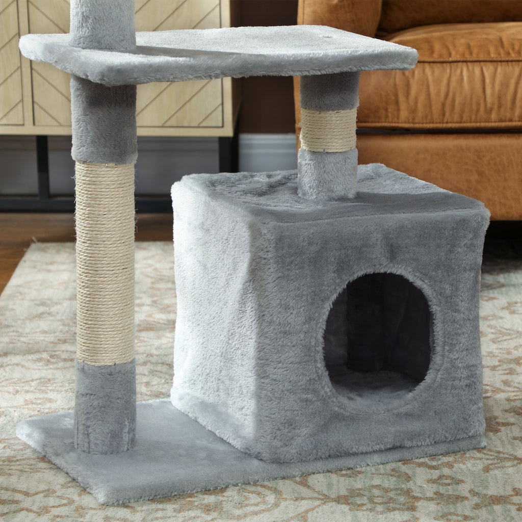Arbre à chat tour de jeux pour chats poteaux en sisal, 2 plate-forme, niche, balle, tissu peluche, 50x30x81,5cm, gris