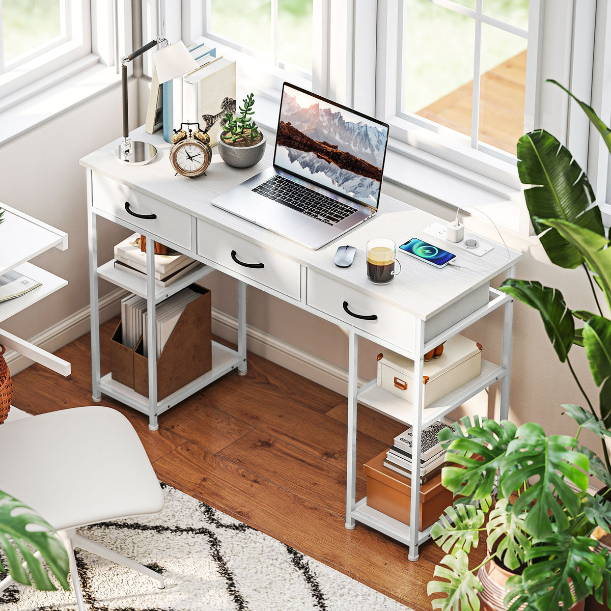 Bureau avec rangement avec prises de courant, 3 tiroirs en tissu et 4 étagères de rangement, 120 x 40 x 76 cm, blanc