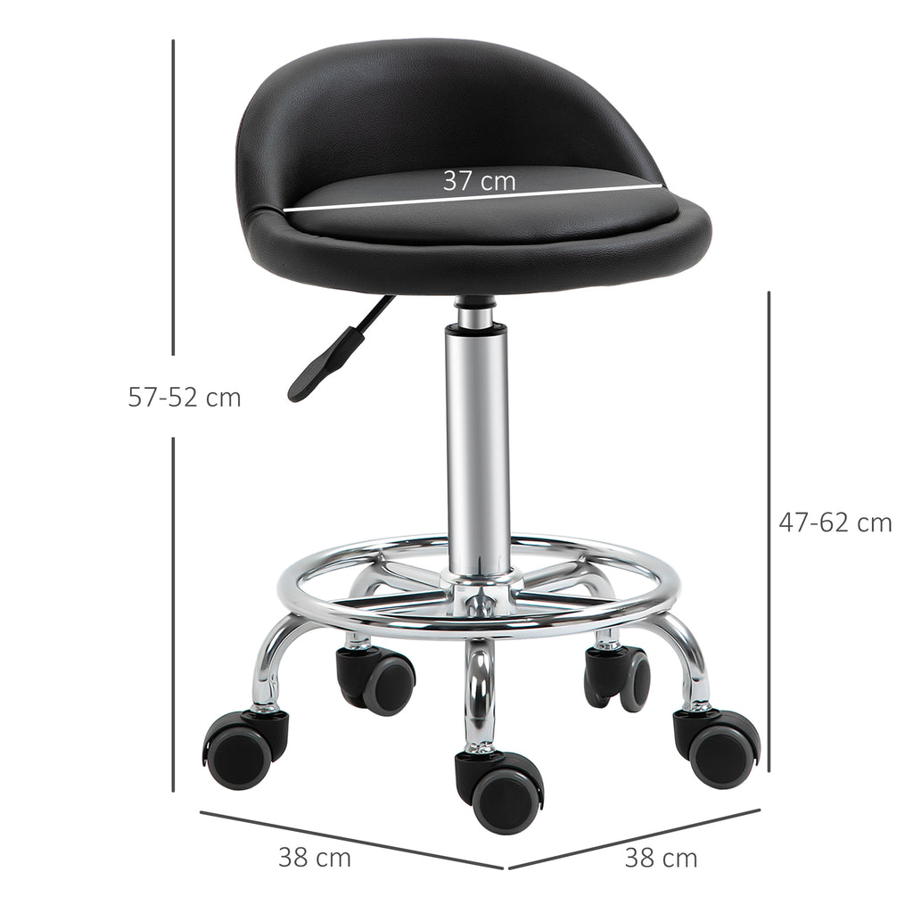 Lot de 2 tabouret à roulette pivotant 360°, assise réglable 47-62H cm, acier chromé revêtement synthétique noir