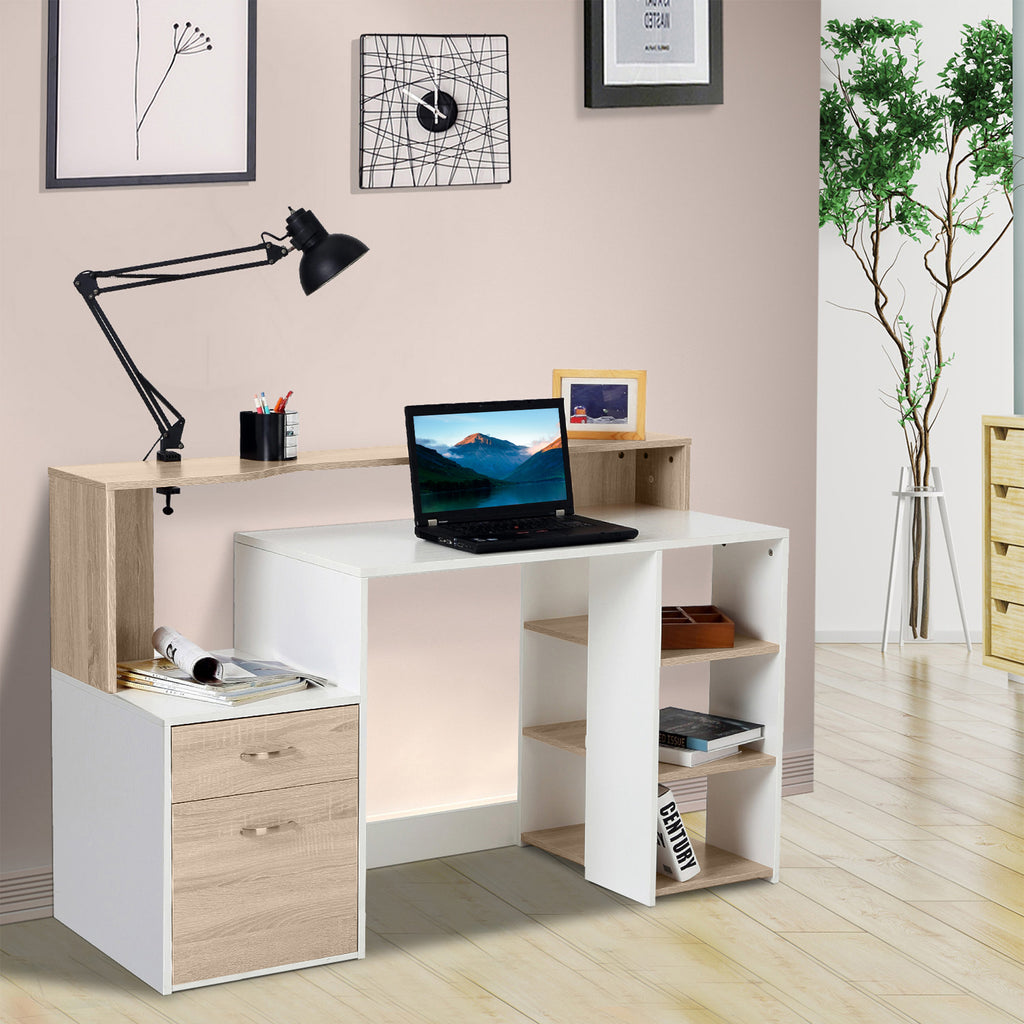 Bureau informatique avec 2 tiroirs, bureau avec rangement, 137 x 55 x 92 cm, étagères ouvertes et tablette