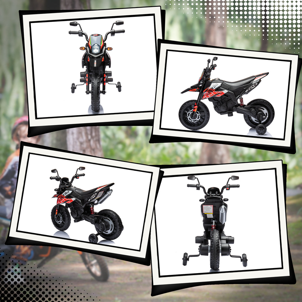 Moto électrique enfants sous licence Aprilia avec 2 moteurs 12V, roues d'entraînement, lumière LED, musique - rouge