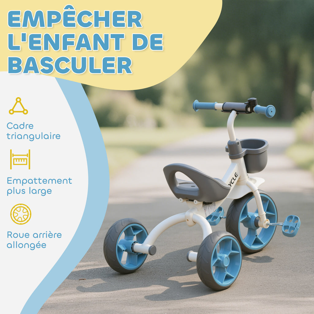 Tricycle enfant évolutif, tricycle pour enfants de 2 à 5 ans avec panier avant et roues EVA, 72 x 52 x 61 cm, bleu