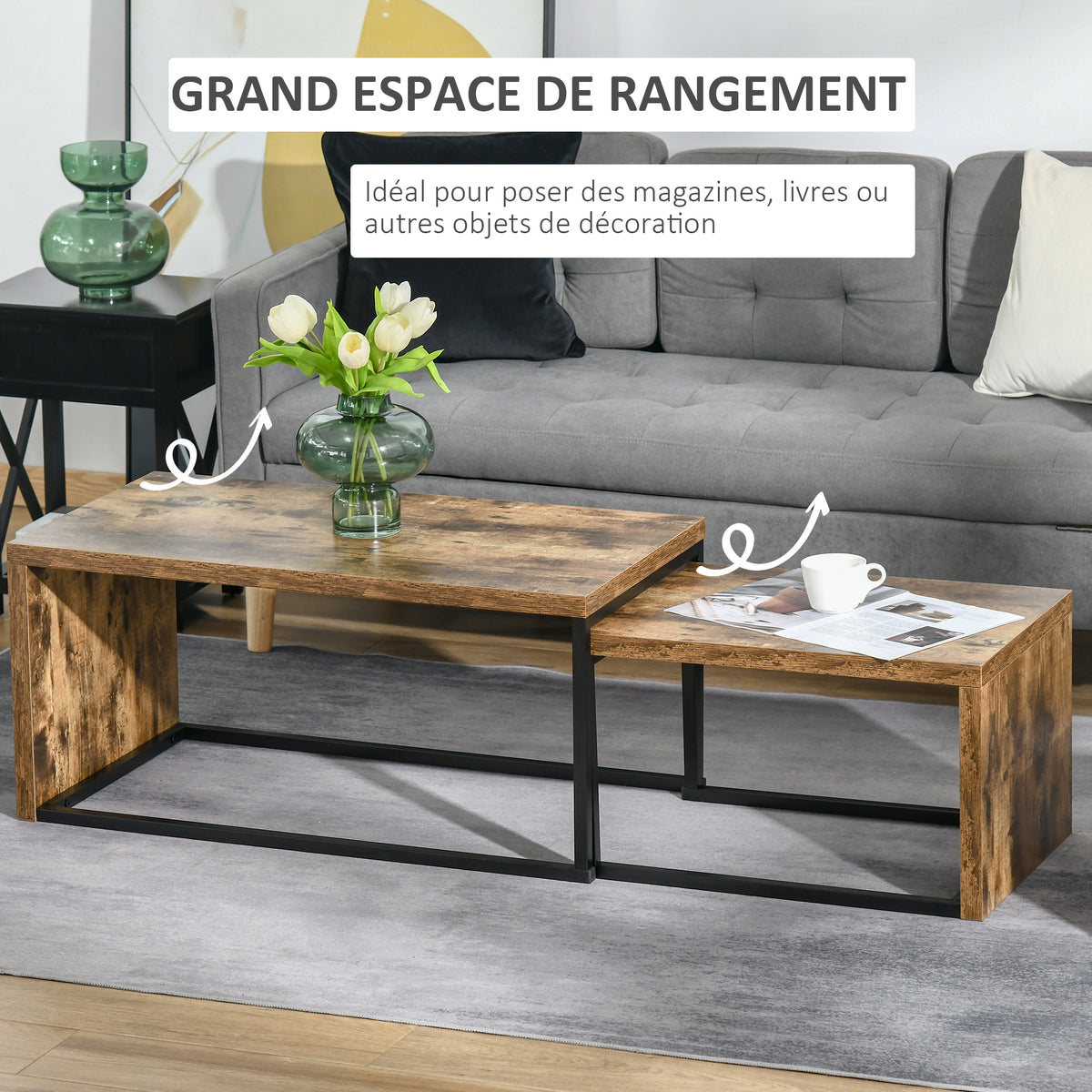 Lot de 2 Tables Basses gigognes Design Industriel encastrable dim. Grande Table 90L x 48l x 42H cm métal Noir Aspect Vieux Bois