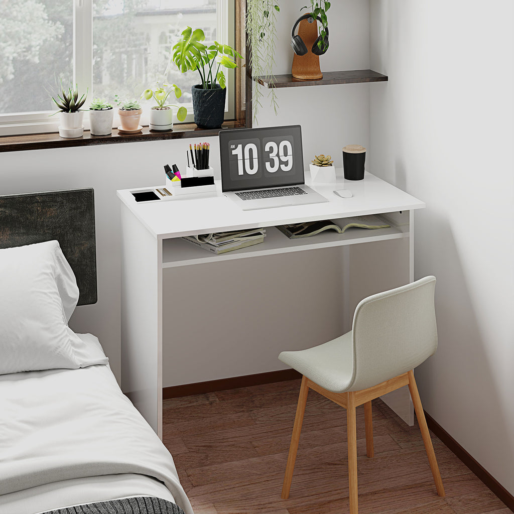 Bureau informatique sobre épuré compact avec 1 étagère, panneaux de particules, dim. 90l x 50P x 74H cm, blanc laqué