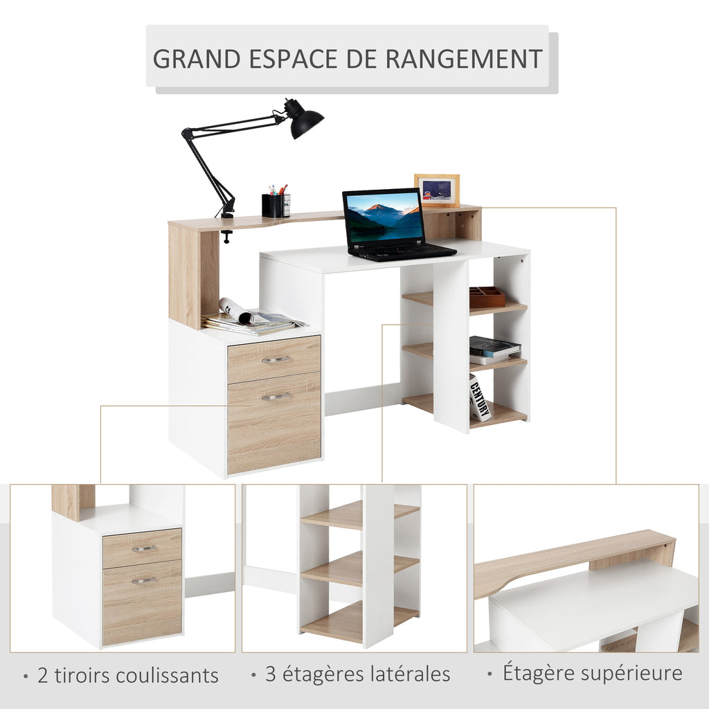 Bureau informatique avec 2 tiroirs, bureau avec rangement, 137 x 55 x 92 cm, étagères ouvertes et tablette