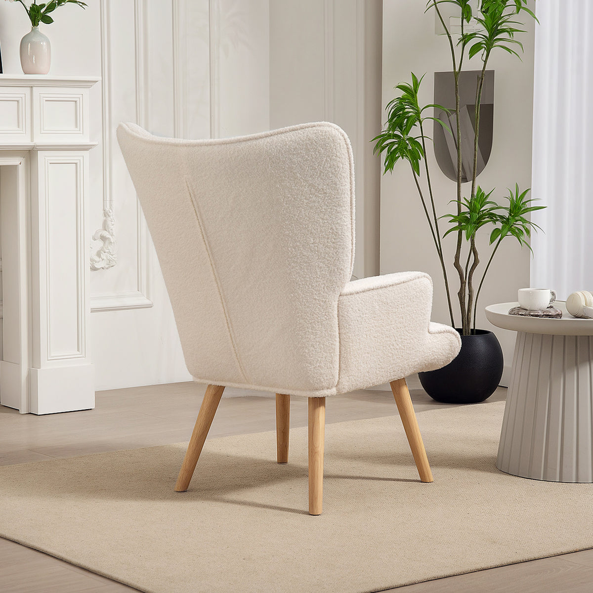 Fauteuil de salon en tissu bouclette, fauteuil capitonné et rembourré avec pieds en bois, 71 x 74 x 96 cm, beige