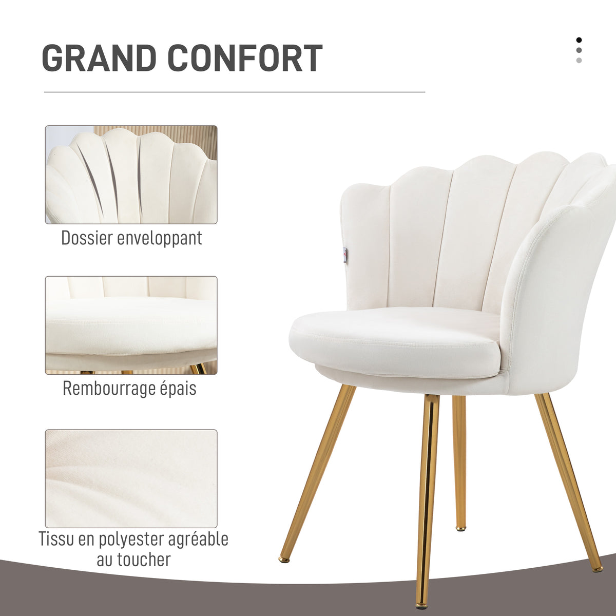 Fauteuil coquillage chaise coiffeuse fauteuil en velours fauteuil de salon avec pieds en métal doré crème