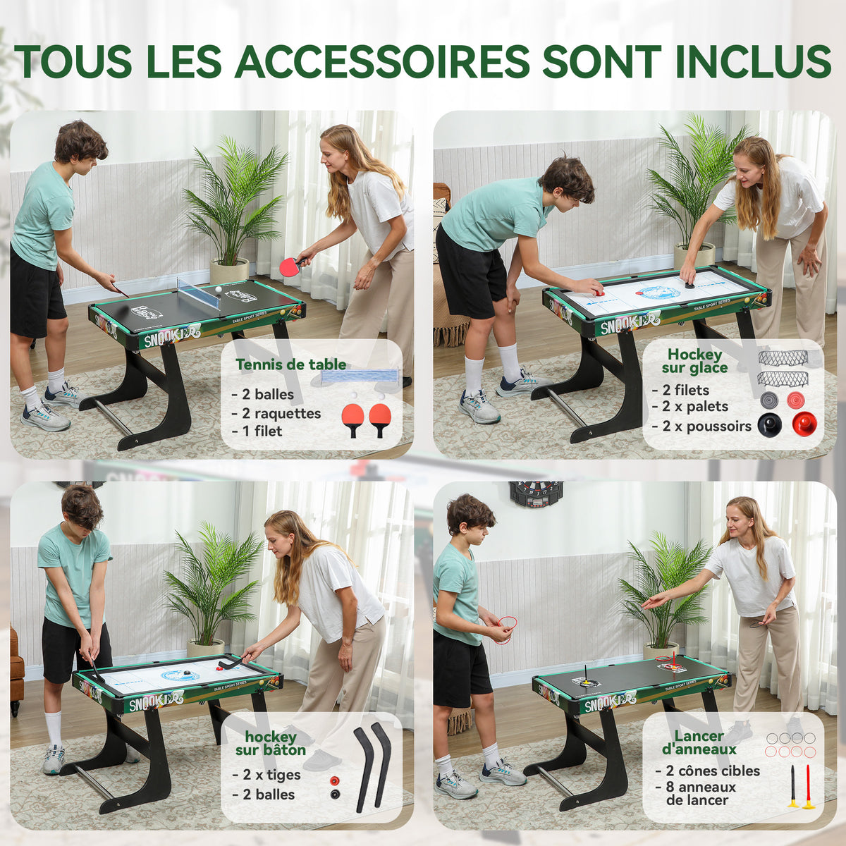 Table Multi-Jeux 6-en-1, Baby-Foot, Billard, Ping-Pong, Hockey, Jeu d'Anneaux, 118x104x71cm, Multicolore