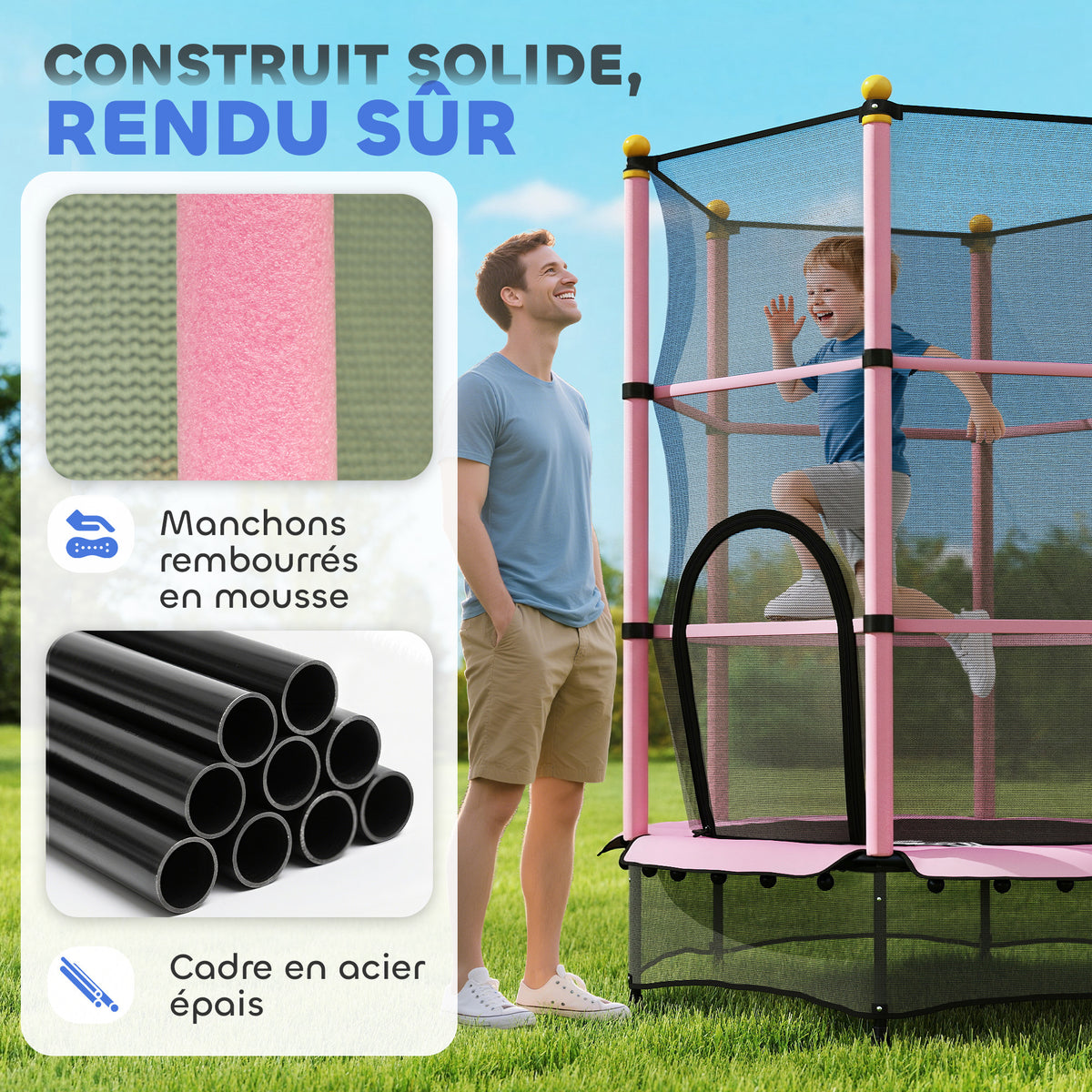 Trampoline Enfant Ø 1,40 × 1,90H m Filet de sécurité Porte zipée Couvre-Ressorts 6 poteaux rembourrés Inclus Rose