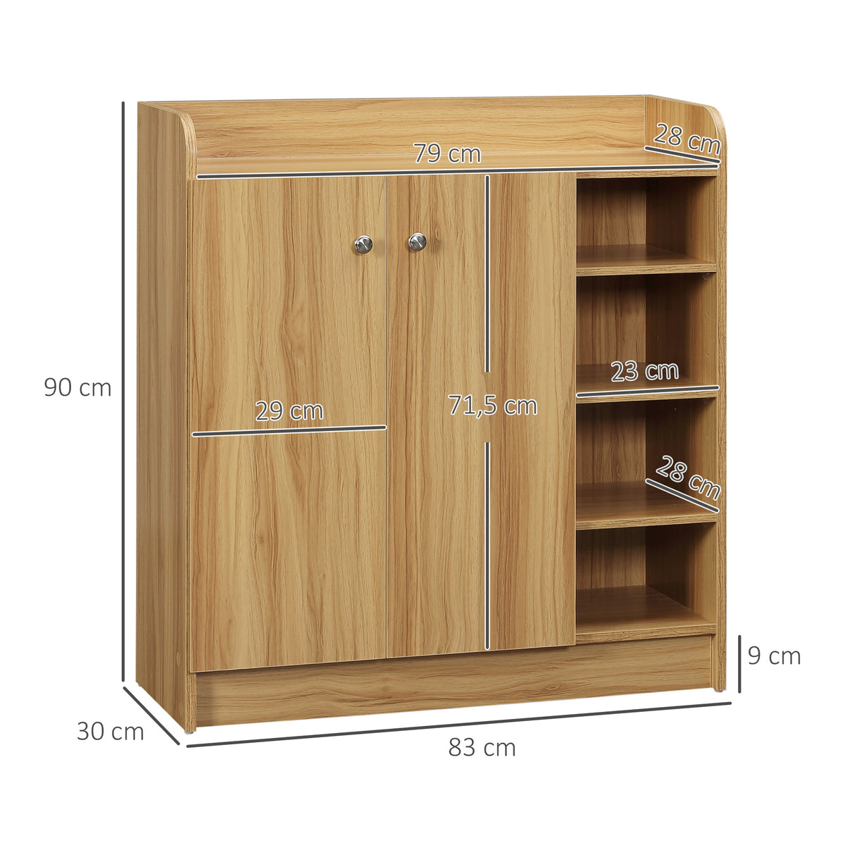 Meuble de rangement à chaussures pour entrée avec 4 compartiments ouverts et placard double porte - étagère réglable