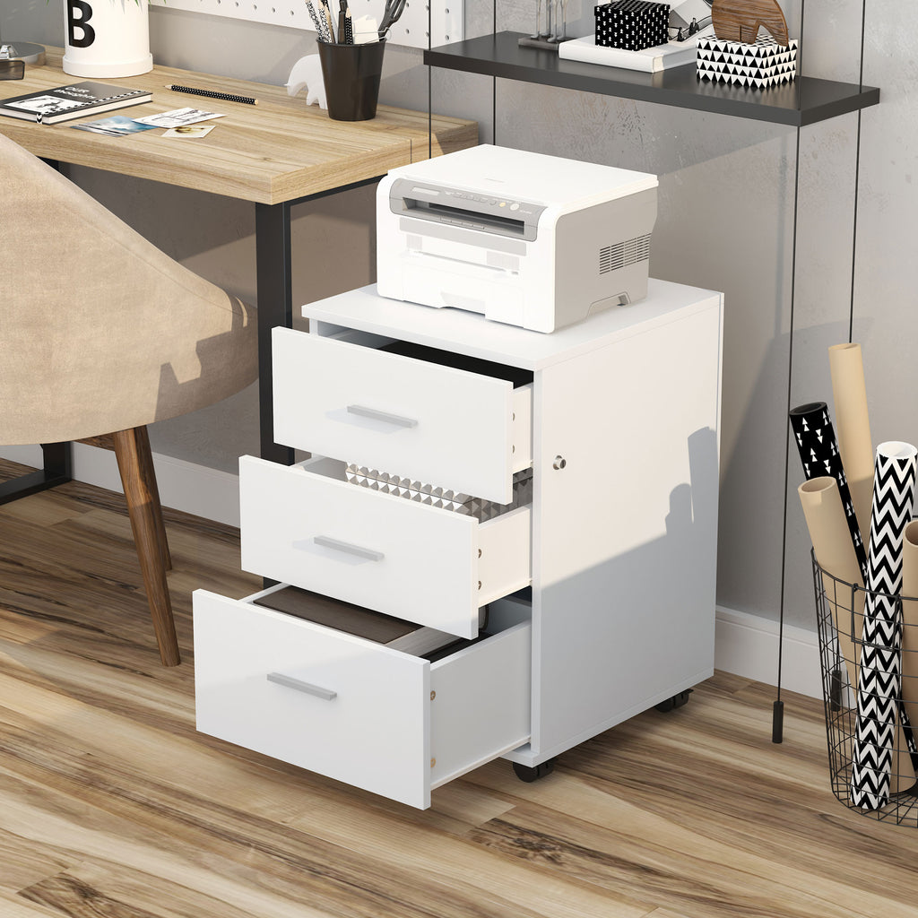 Caisson de Bureau Rangement Bureau sur Roulettes 3 Tiroirs Verrouillables 40 x 40 x 61,5 cm Blanc