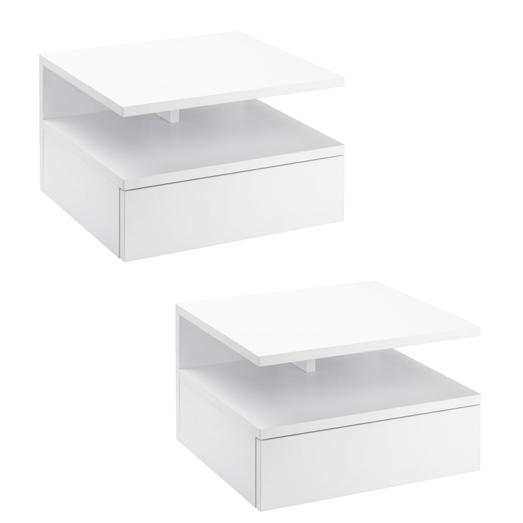 Lot de 2 tables de chevet murales, tables de nuit suspendues avec tiroir coulissant, compartiment ouvert, plateau, style moderne, pour chambre à coucher, 35 x 32 x 22,5 cm, blanc