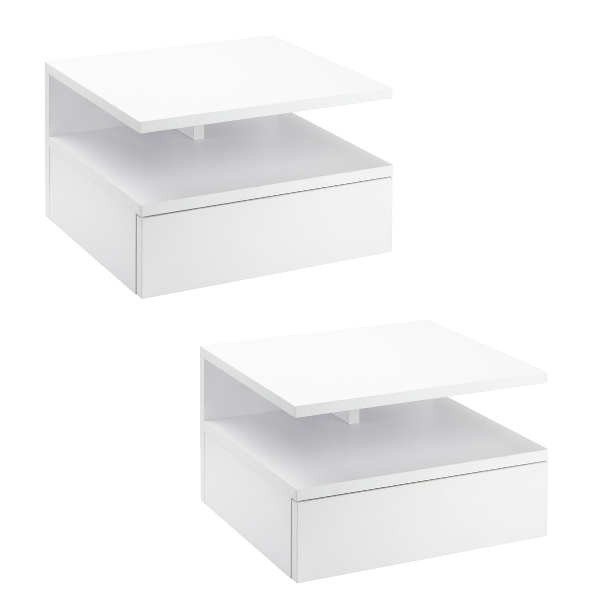 Lot de 2 tables de chevet murales, tables de nuit suspendues avec tiroir coulissant, compartiment ouvert, plateau, style moderne, pour chambre à coucher, 35 x 32 x 22,5 cm, blanc