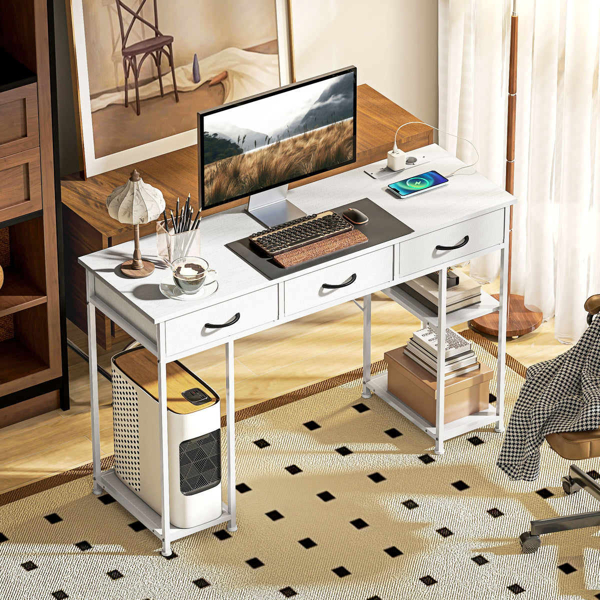 Bureau avec rangement avec prises de courant, 3 tiroirs en tissu et 4 étagères de rangement, 120 x 40 x 76 cm, blanc