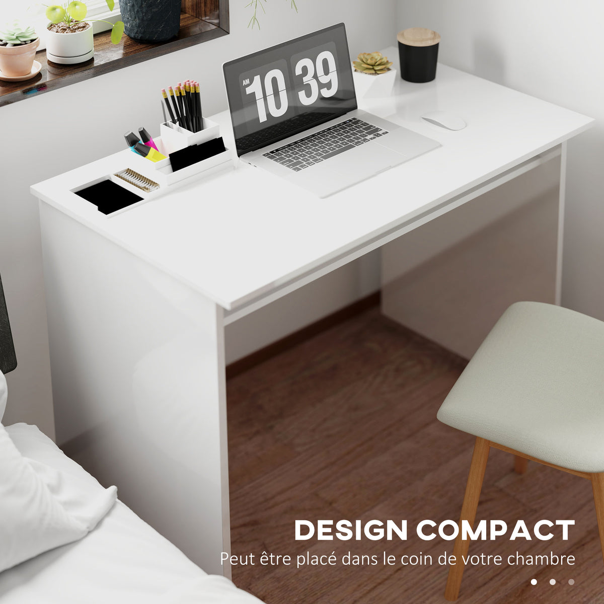Bureau informatique sobre épuré compact avec 1 étagère, panneaux de particules, dim. 90l x 50P x 74H cm, blanc laqué