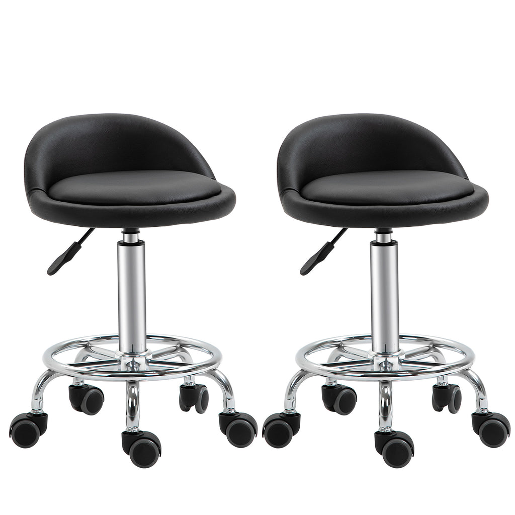 Lot de 2 tabouret à roulette pivotant 360°, assise réglable 47-62H cm, acier chromé revêtement synthétique noir