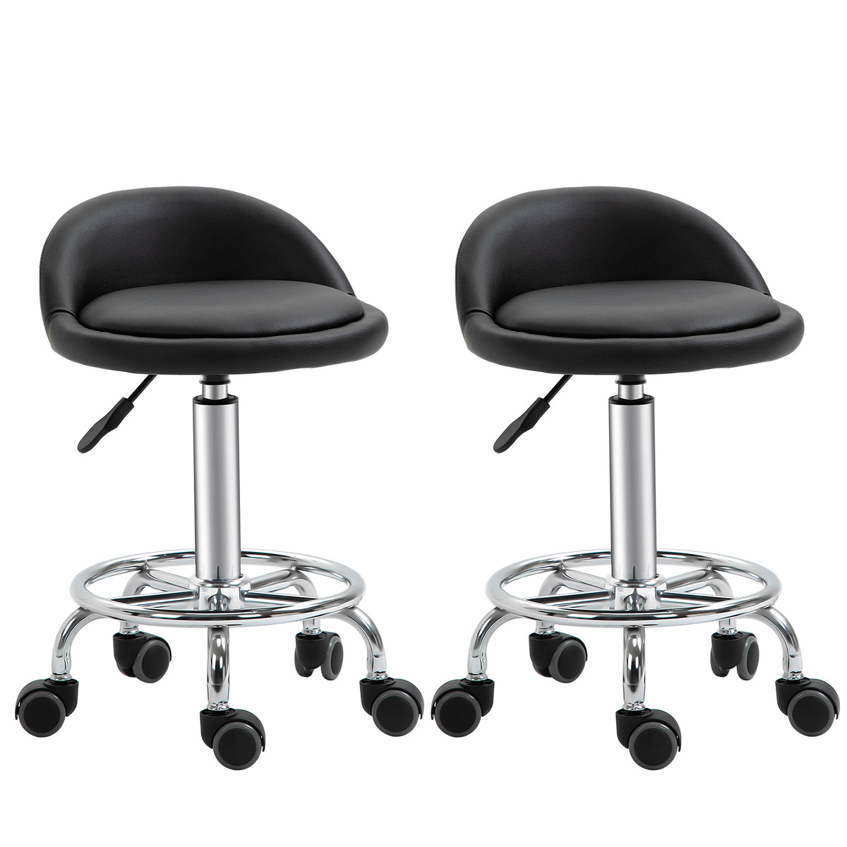 Lot de 2 tabouret à roulette pivotant 360°, assise réglable 47-62H cm, acier chromé revêtement synthétique noir