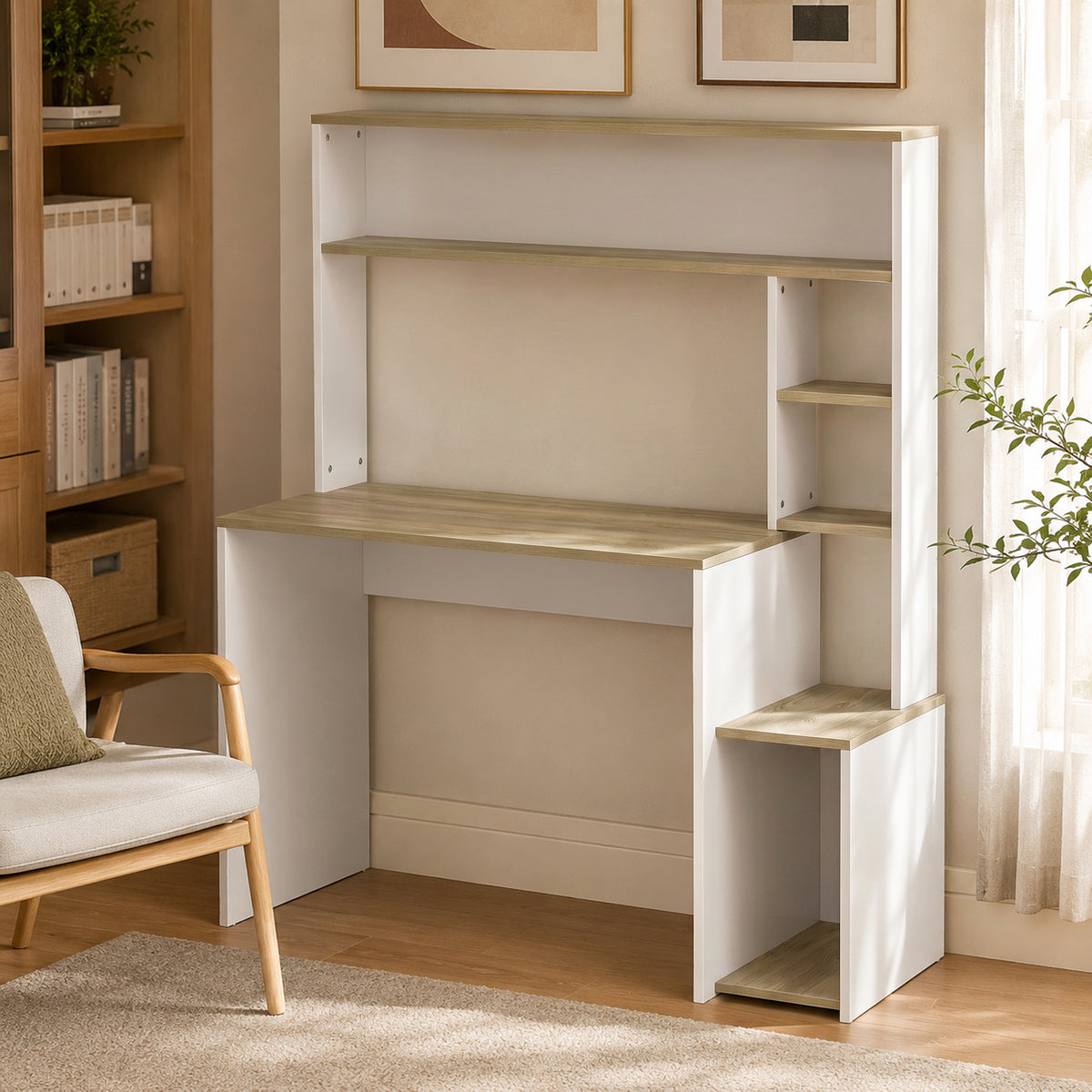 Bureau Informatique, 114 x 45 x 138 cm, Bureau avec Rangement, Étagères Ouvertes et Support UC, Blanc et Bois Naturel
