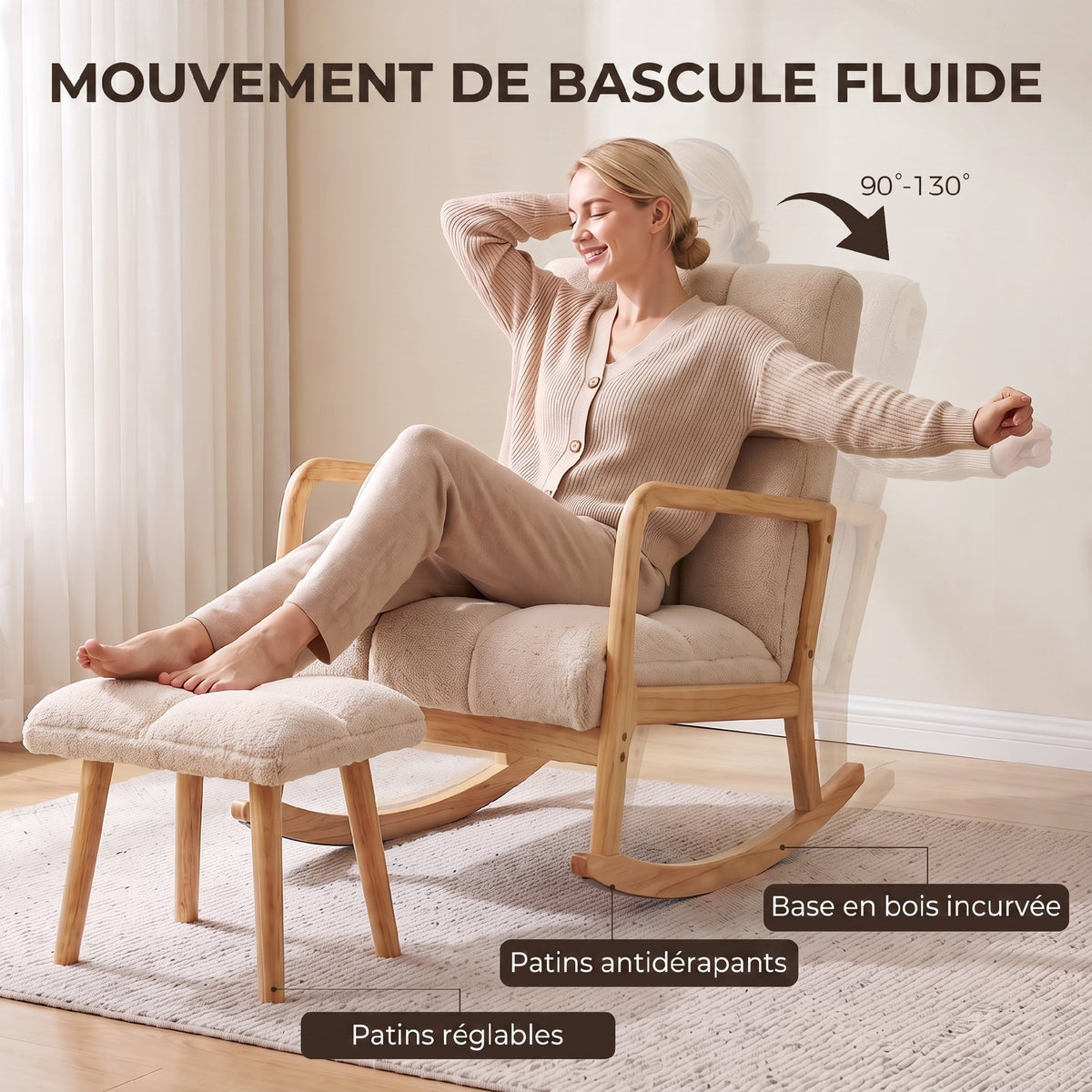 Fauteuil à Bascule avec Repose-Pieds, Rocking Chair en Tissu Bouclette, Pieds en Bois, 64,5 x 82 x 89 cm, Beige