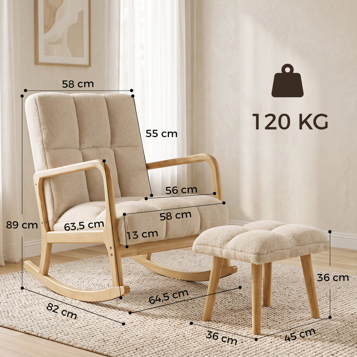 Fauteuil à Bascule avec Repose-Pieds, Rocking Chair en Tissu Bouclette, Pieds en Bois, 64,5 x 82 x 89 cm, Beige